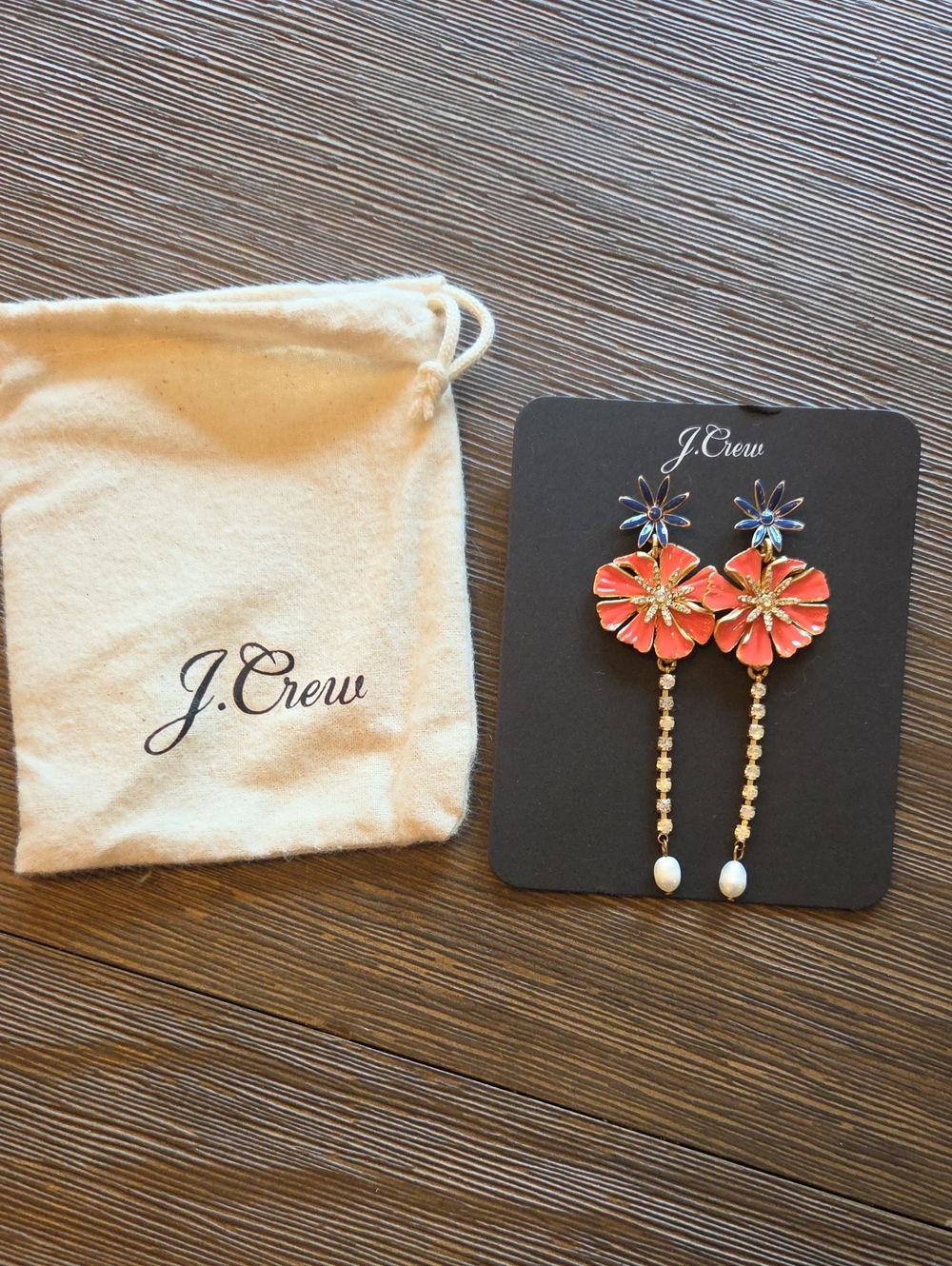 J. Crew Coral and Blue Floral Drop Earrings with Gold Chain Never Worn